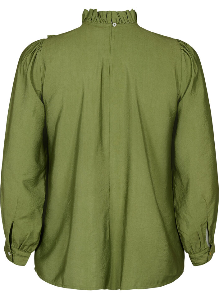 Viskosebluse med flæser, Loden Green, Packshot image number 1