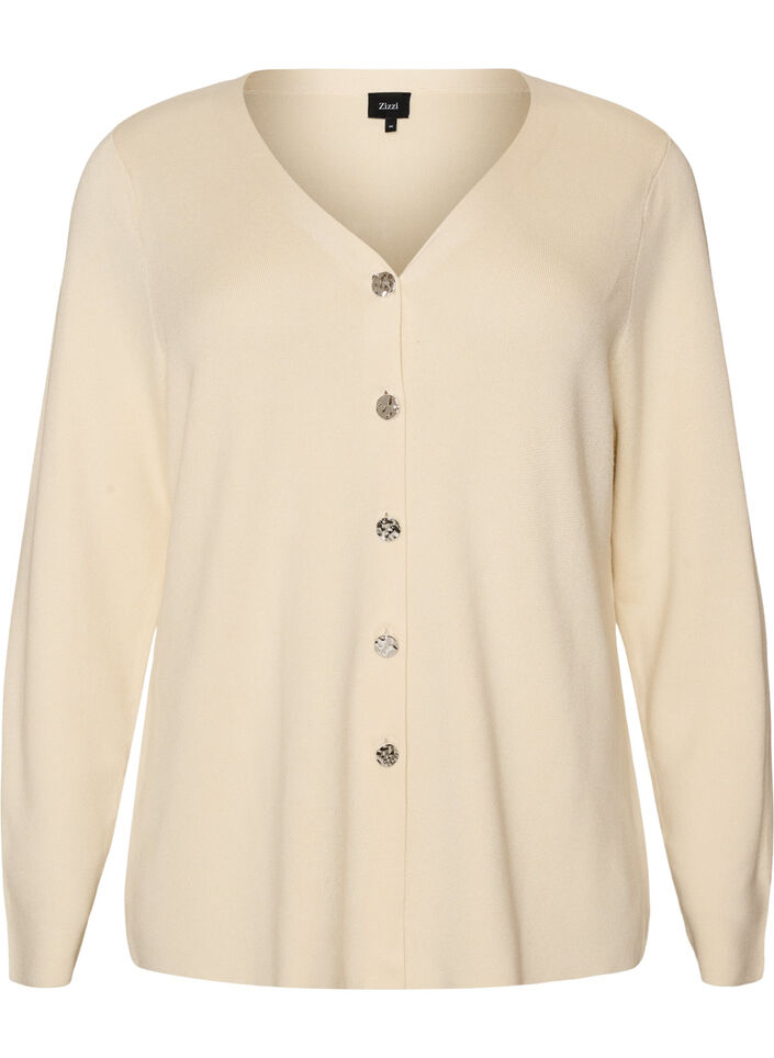 Finstrikket cardigan med dekorative knapper, Vanilla, Packshot image number 0