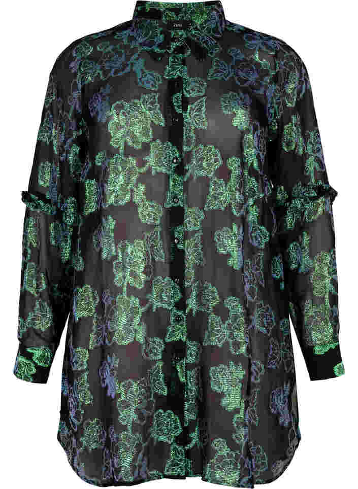 Lang viskoseskjorte med lurex struktur, Black W. Green Lurex, Packshot image number 0