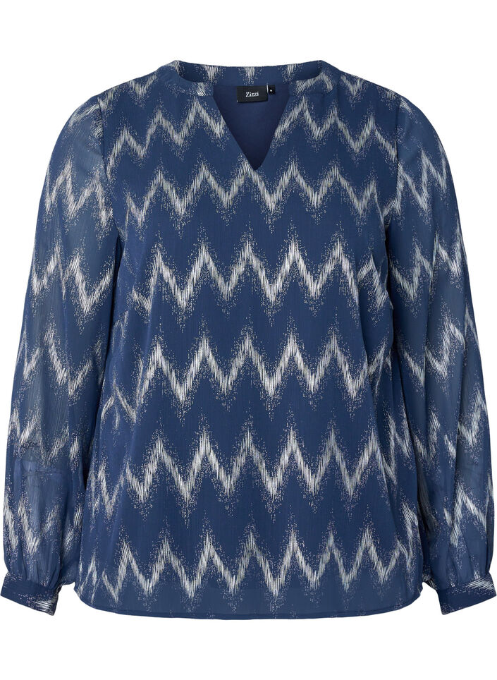 Printet bluse med v-udskæring, Blå, Packshot image number 0