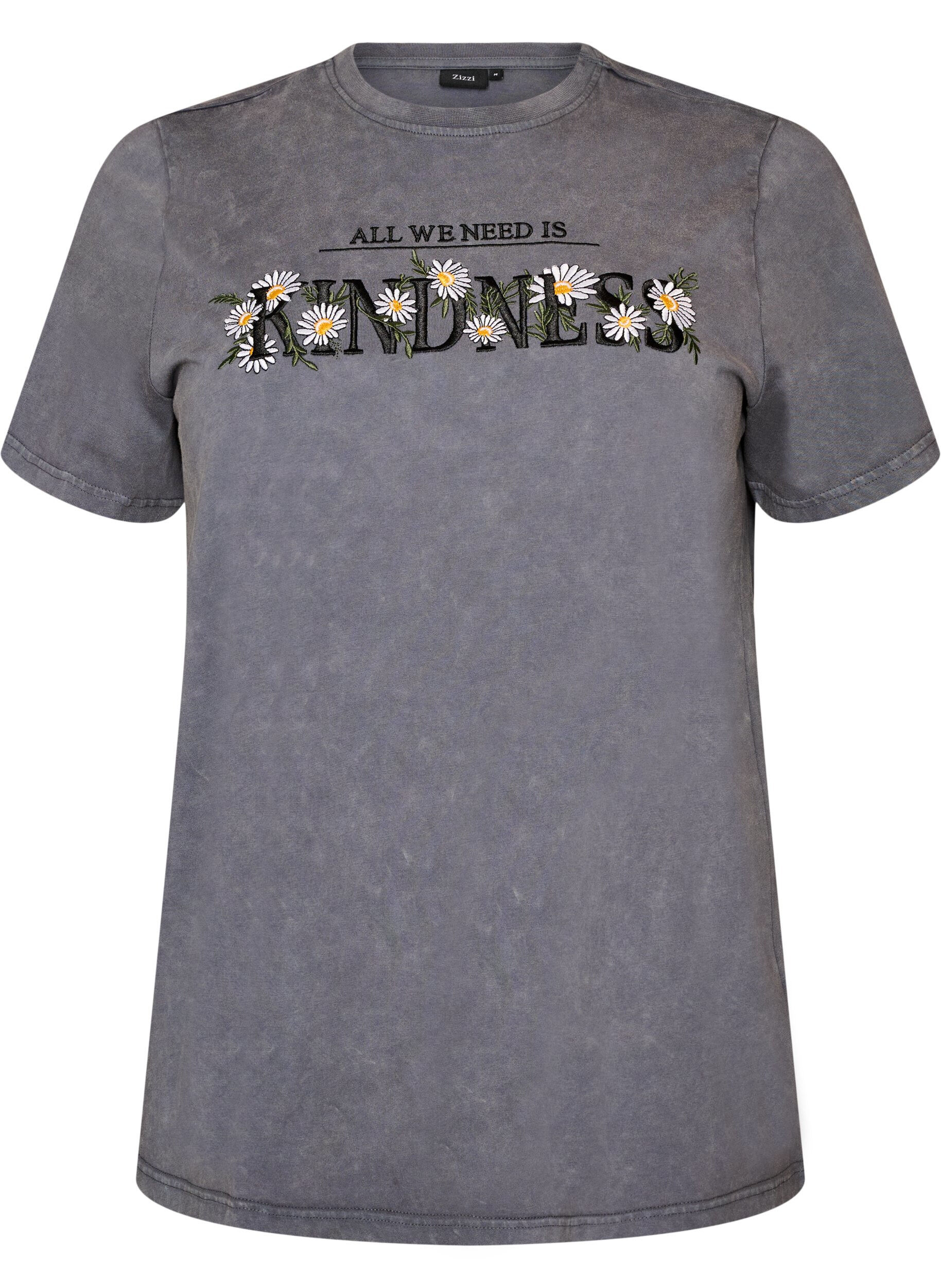 Bomulds T-shirt med vasket look og broderet motiv
