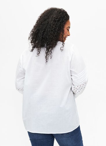 Bluse med lange ærmer og dekorative detaljer, Bright White, Model image number 1