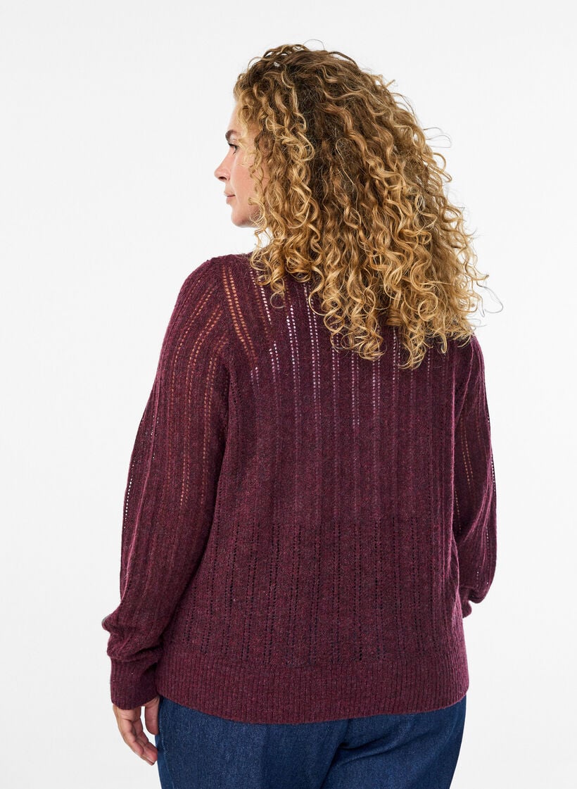 Strikket cardigan med hulm&oslash;nster, M&oslash;rk Bordeaux, Model image number 2