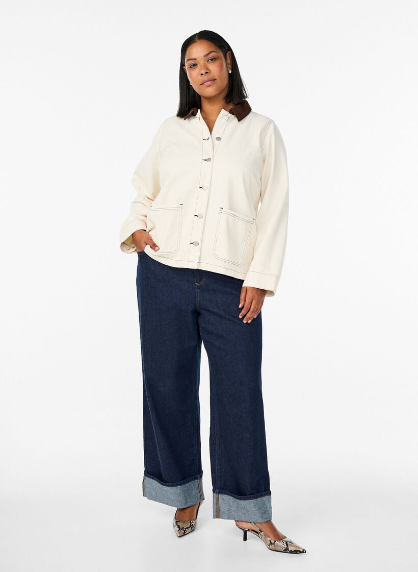 Jakke i farvet denim med kontrastkrave, Vanilla, Model image number 1