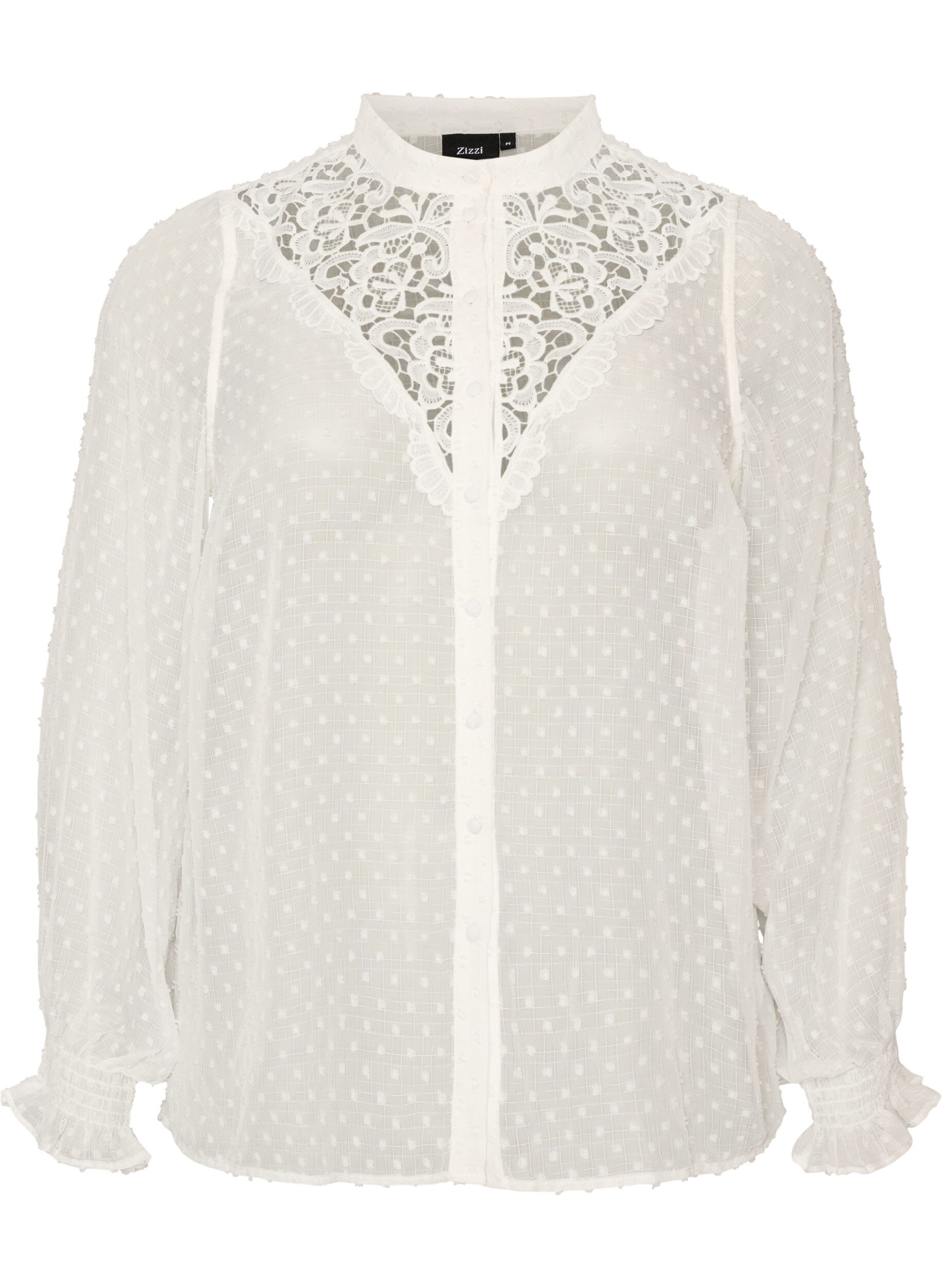 Skjortebluse med blondeindsats og dot-m&oslash;nster