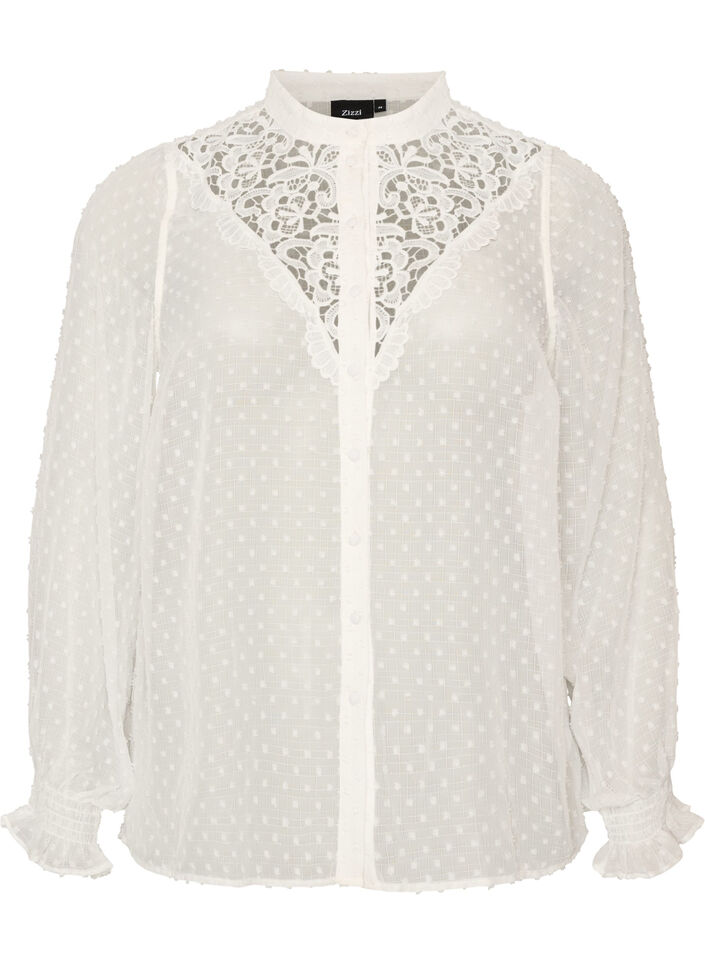 Skjortebluse med blondeindsats og dot-m&oslash;nster, Vanilla, Packshot image number 0