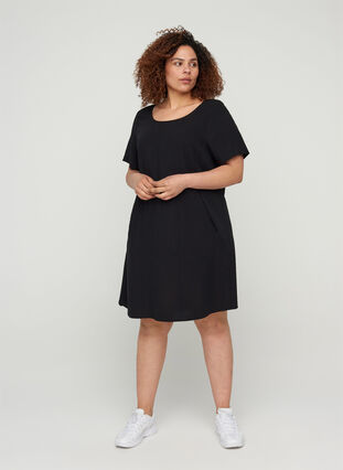 Kortærmet viskose kjole med lommer, Black, Model image number 2
