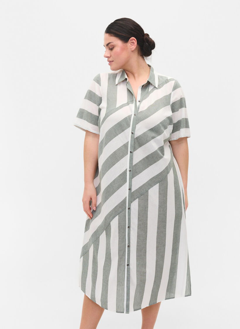 Kortærmet bomulds skjortekjole med striber, Thyme Stripe, Model