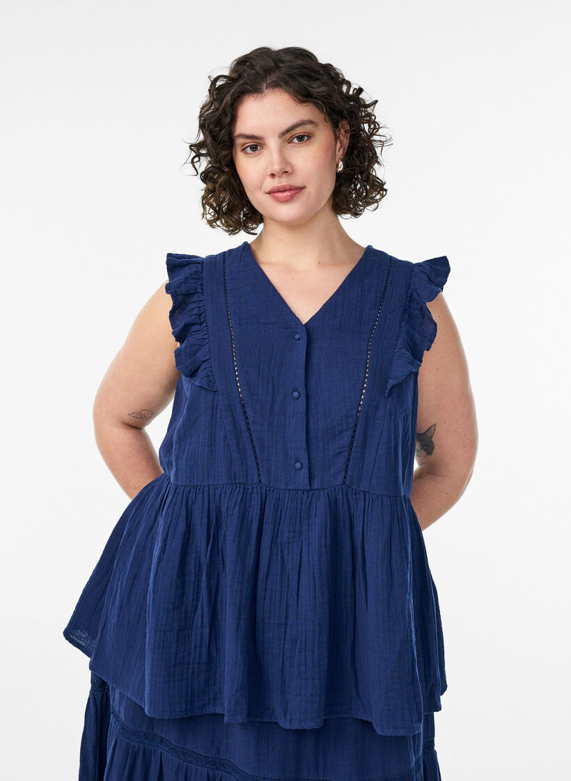 &AElig;rmel&oslash;s bluse i bomuldsmusselin med fl&aelig;ser, Bl&aring;, Model image number 0