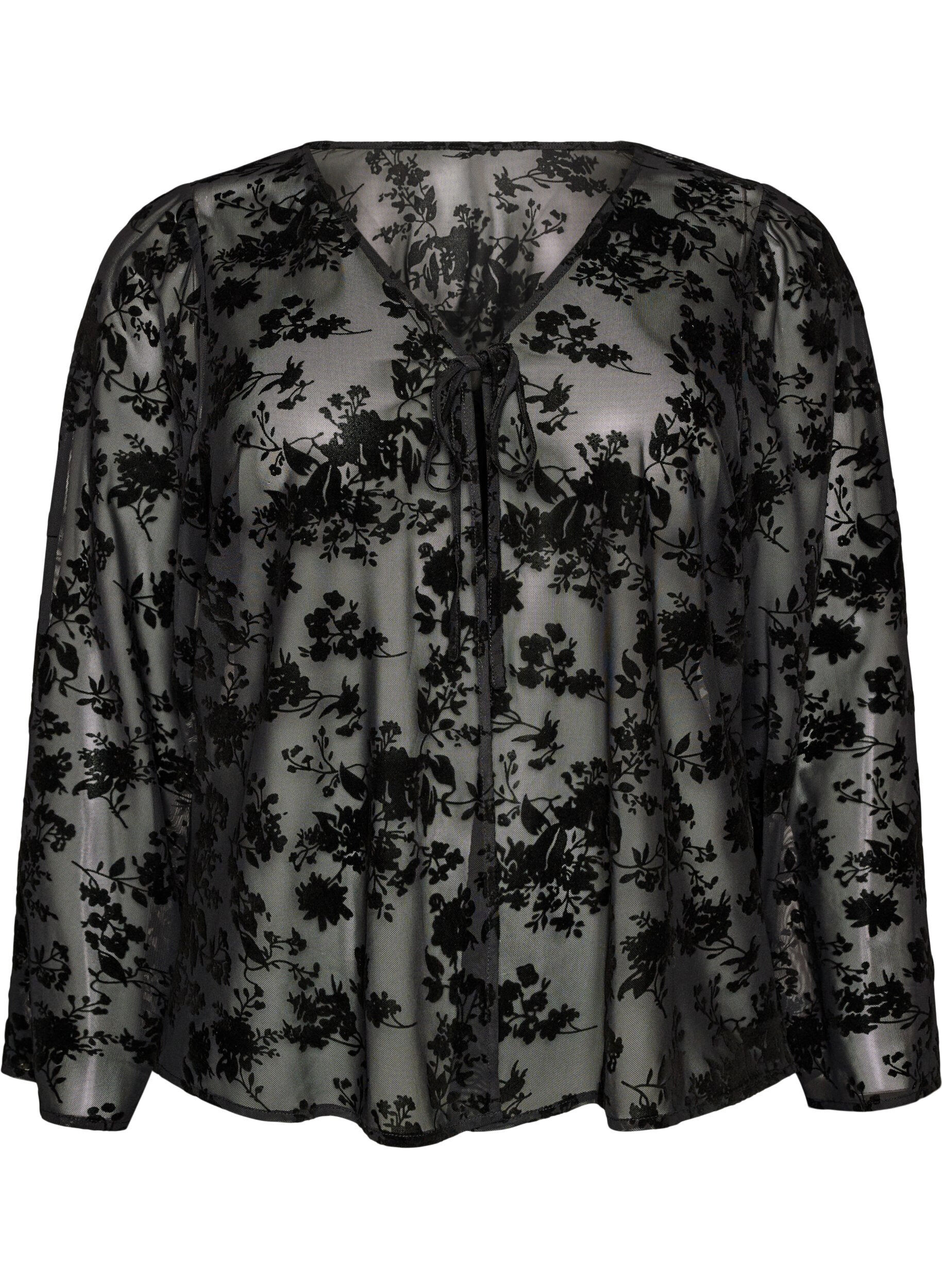 ZizziMeshbluse med blomsterm&oslash;nster og &aring;ben front, Sort, Packshot image number 0