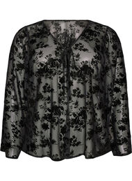 Meshbluse med blomsterm&oslash;nster og &aring;ben front, Sort