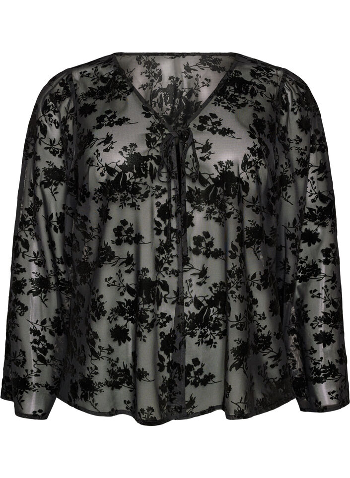 Meshbluse med blomsterm&oslash;nster og &aring;ben front, Sort, Packshot image number 0