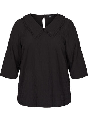 Ternet bluse med 3/4 ærmer og flæsekrave, Black, Packshot image number 0