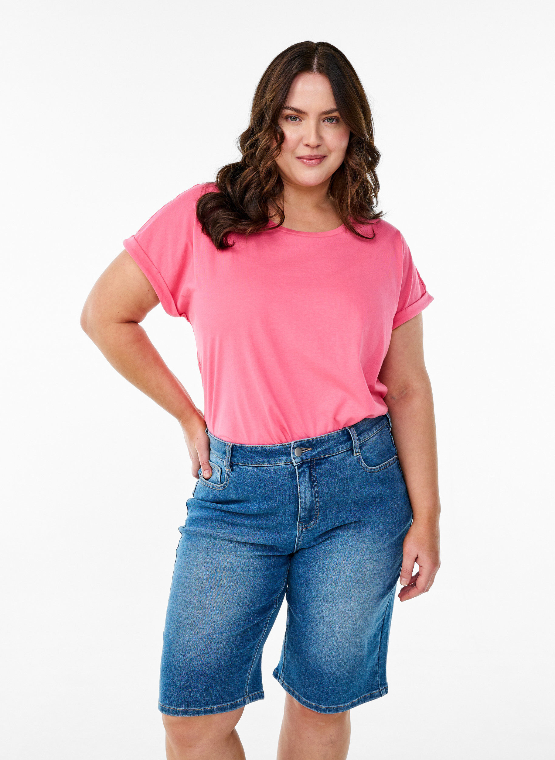 Bermudashorts i denim med h&oslash;j talje, Bl&aring;, Model