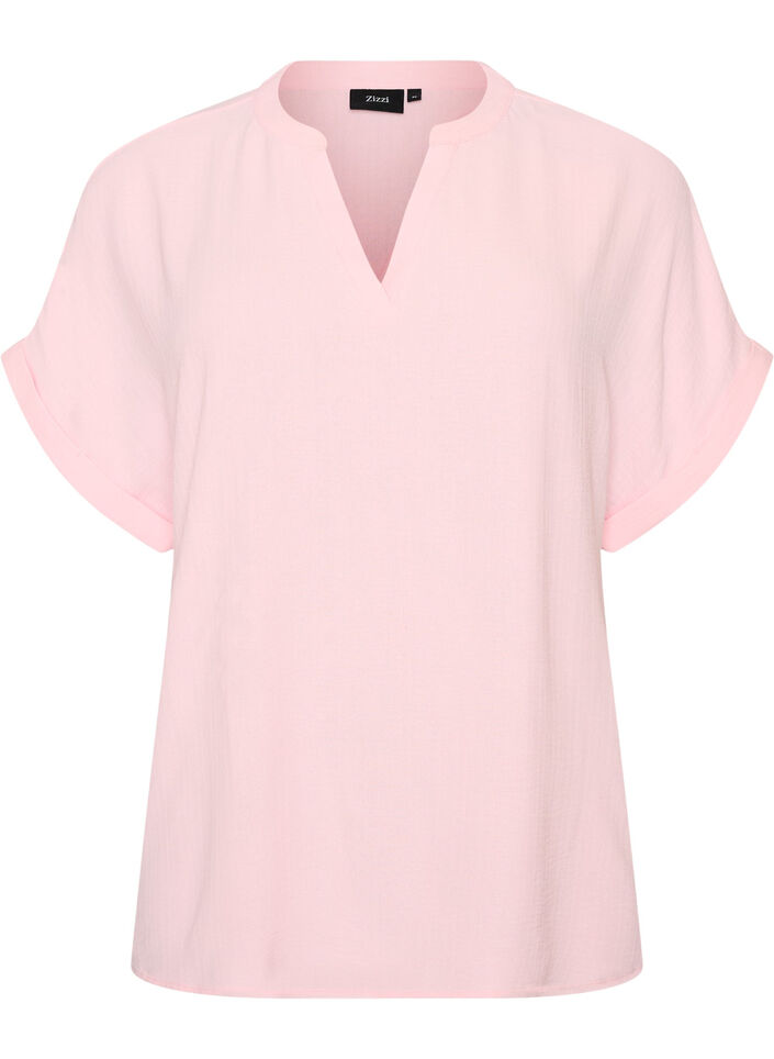 L&oslash;s bluse med korte &aelig;rmer, Lyser&oslash;d, Packshot image number 0