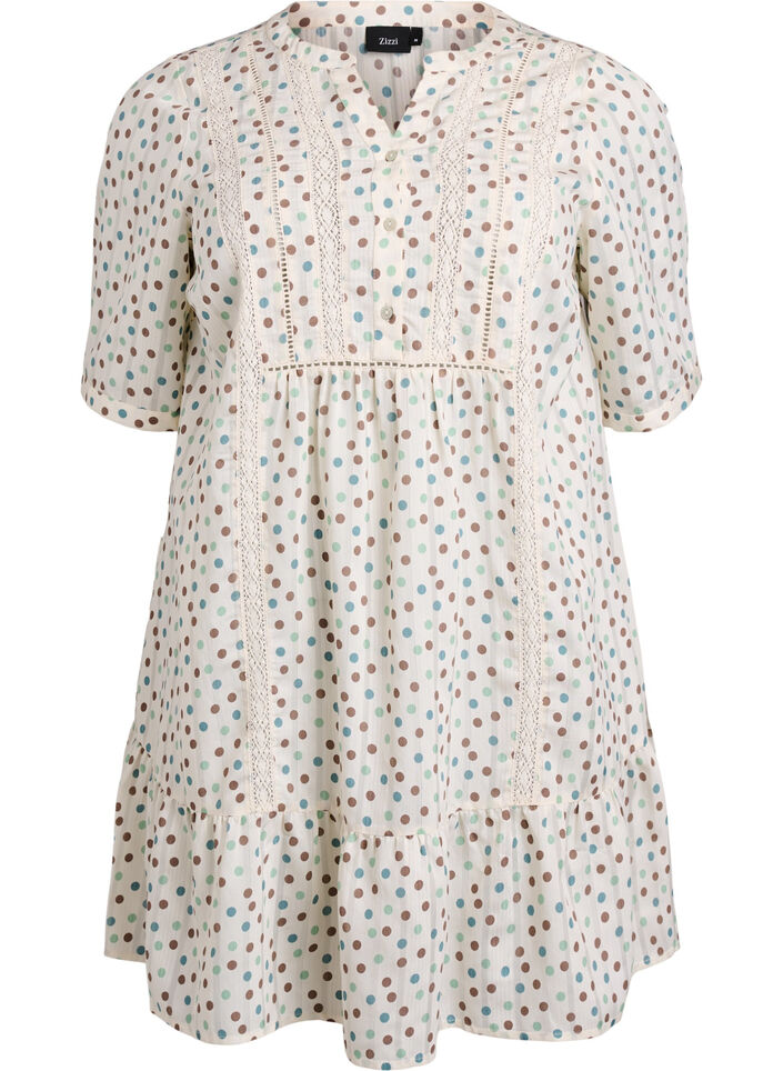 Kort viskosekjole med blondebånd og a-snit, Hvid, Packshot image number 0