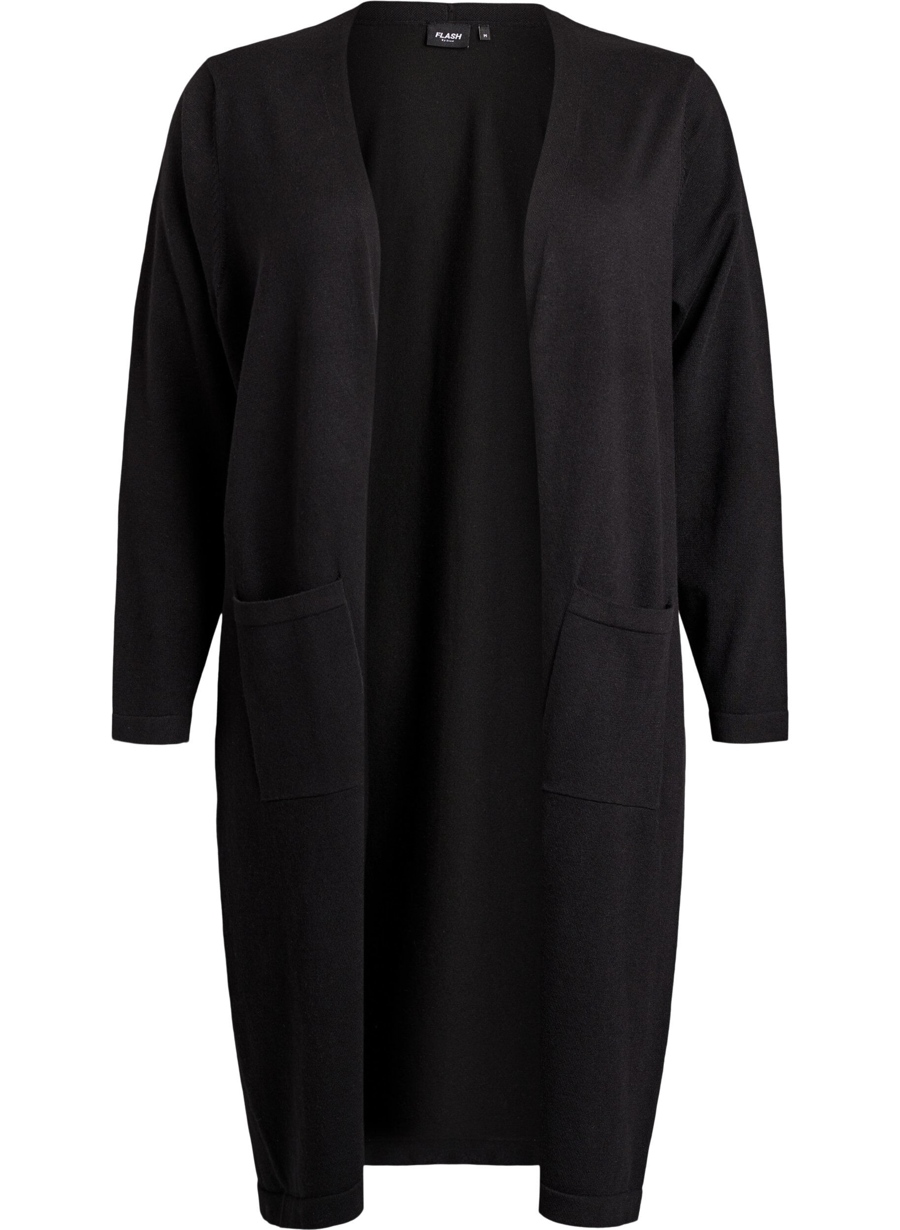 ZizziLang, &aring;ben cardigan med lommer, Sort, Packshot image number 0