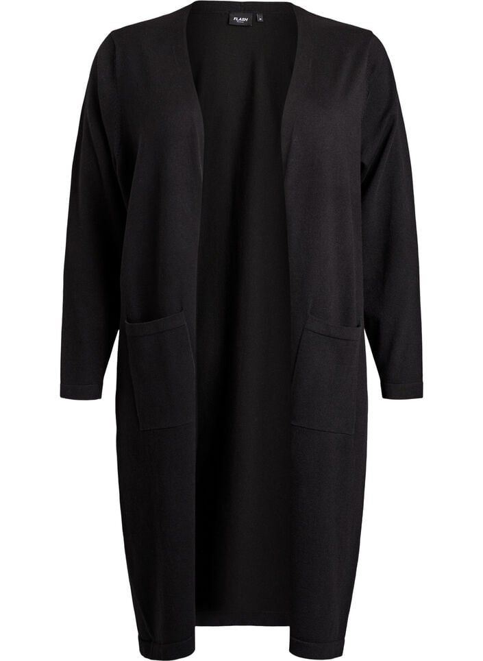 Lang, &aring;ben cardigan med lommer, Sort, Packshot image number 0