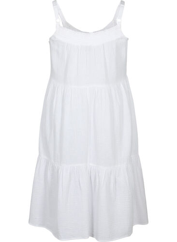 Ensfarvet stropkjole i bomuld, Bright White, Packshot image number 1