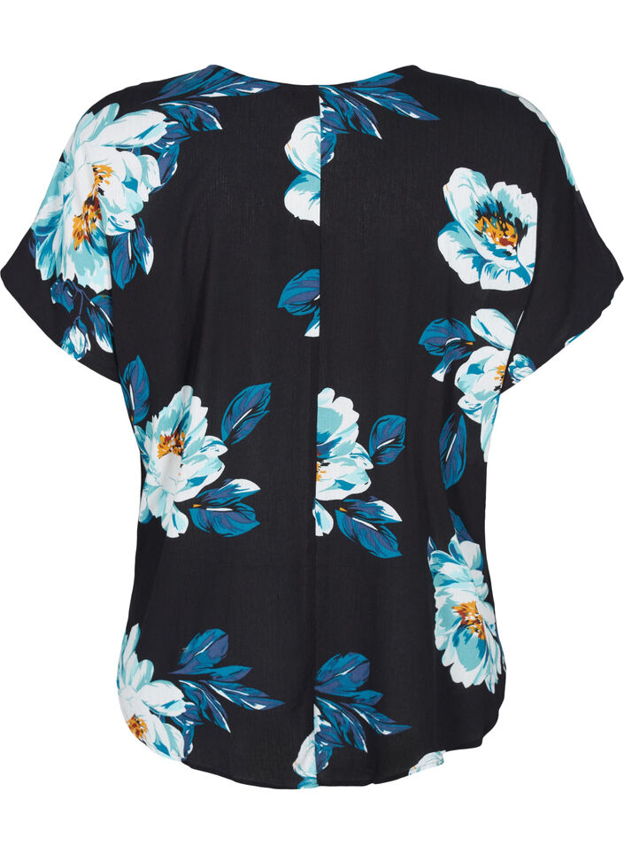 Kortærmet viskose bluse med blomsterprint, Black Big Flower, Packshot image number 1