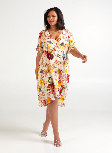 Kortærmet kjole med blomsterprint, AOP FLOWER, Model image number 0