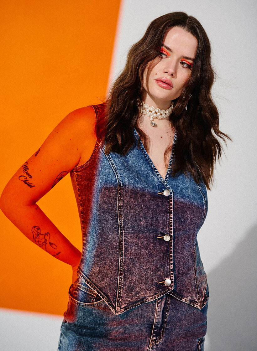 Slim fit denim vest med knapper, Blue Denim, Image image number 0