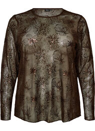 Meshbluse med blomster og pailletter, Brun