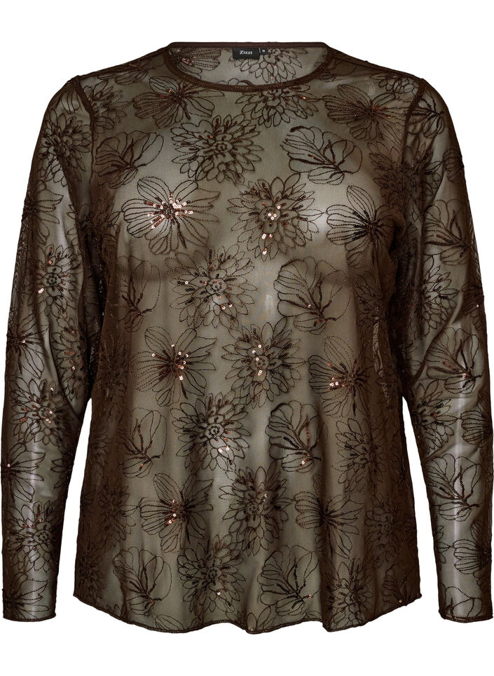 Meshbluse med blomster og pailletter, Brun, Packshot image number 0