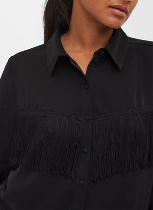Ensfarvet skjorte med frynser, Black, Model image number 2
