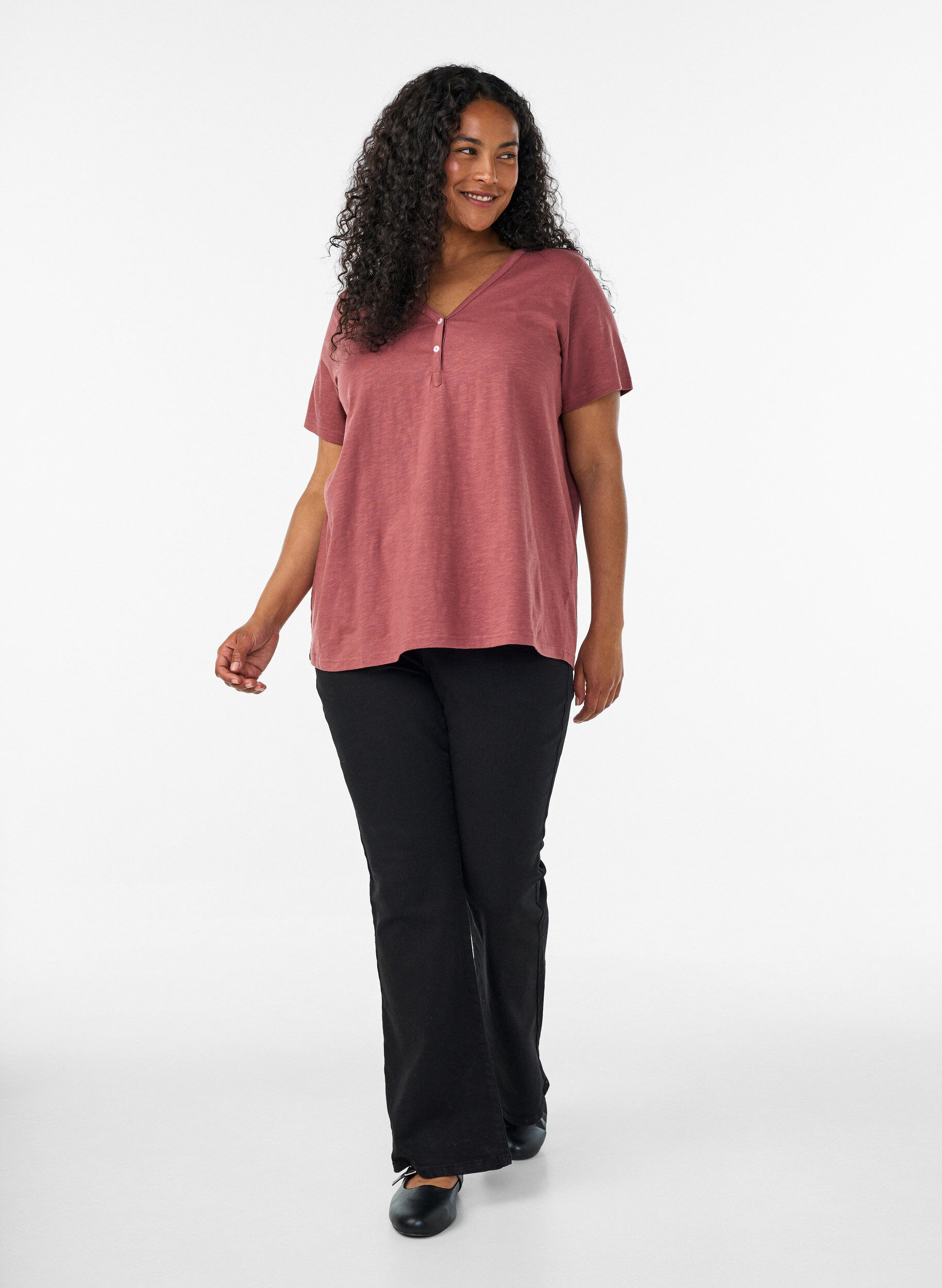ZizziT-shirt med knapdetalje, Brun, Model image number 1