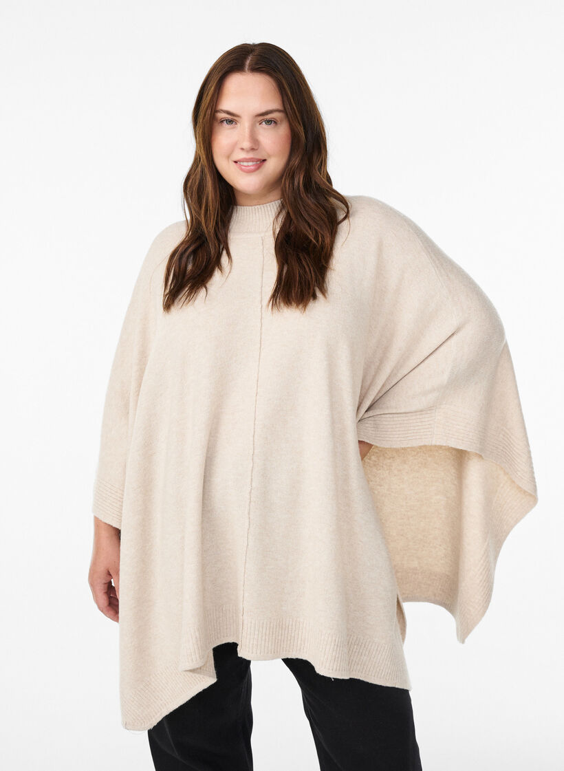 Poncho med ribdetaljer og rund hals, Beige, Model image number 0