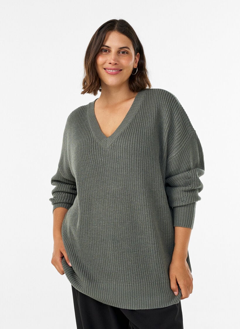 Lang ribstrikket bluse med V-hals, Gr&oslash;n, Model image number 0