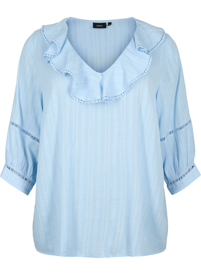 Bluse i bomulds-viskose mix med 3/4 ærmer, Chambray Blue, Packshot image number 0