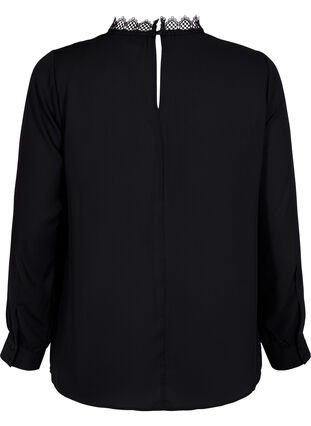 Langærmet bluse med blonder, Black, Packshot image number 1
