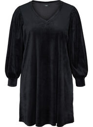 Velour kjole med lange pufærmer, Black