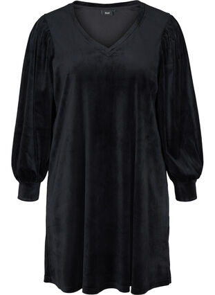 Velour kjole med lange pufærmer, Black, Packshot image number 0
