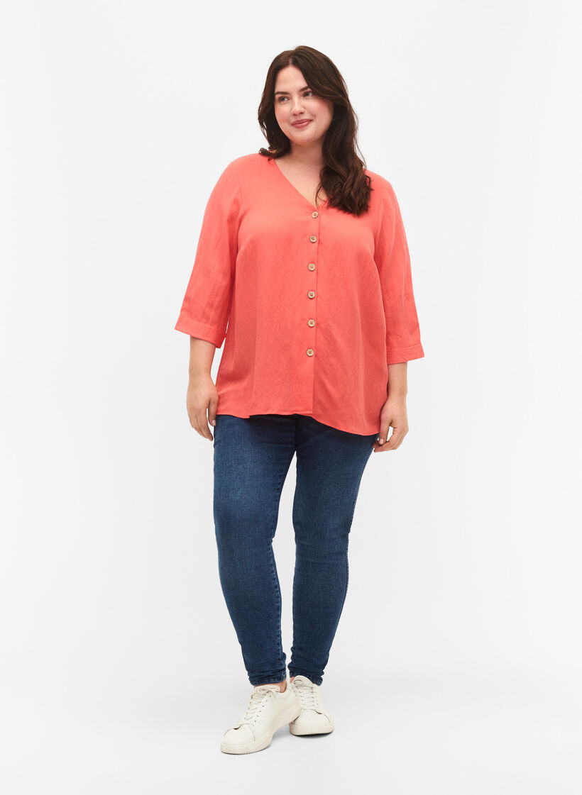 Viskose bluse med knapper og v-hals, Deep Sea Coral, Model image number 2