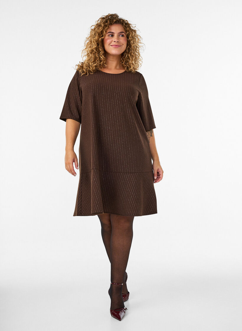Kort A-formet kjole med glimmerstriber, Brun, Model image number 1