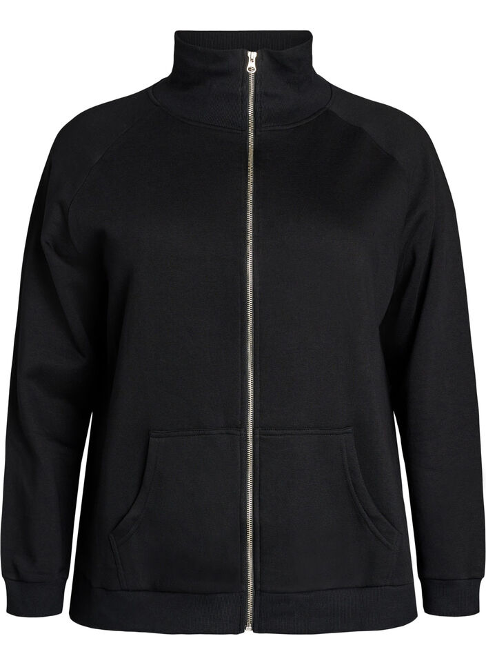 Sweatcardigan med h&oslash;j krave og lynl&aring;s, Sort, Packshot image number 0