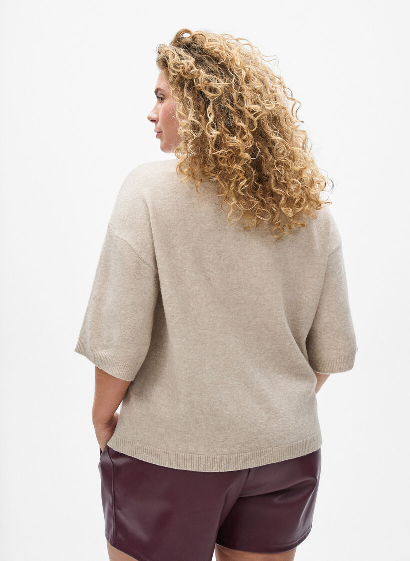 L&oslash;s strikbluse med korte &aelig;rmer, Beige, Model image number 2
