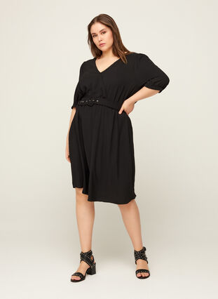 Kortærmet kjole med bælte, Black, Model image number 2