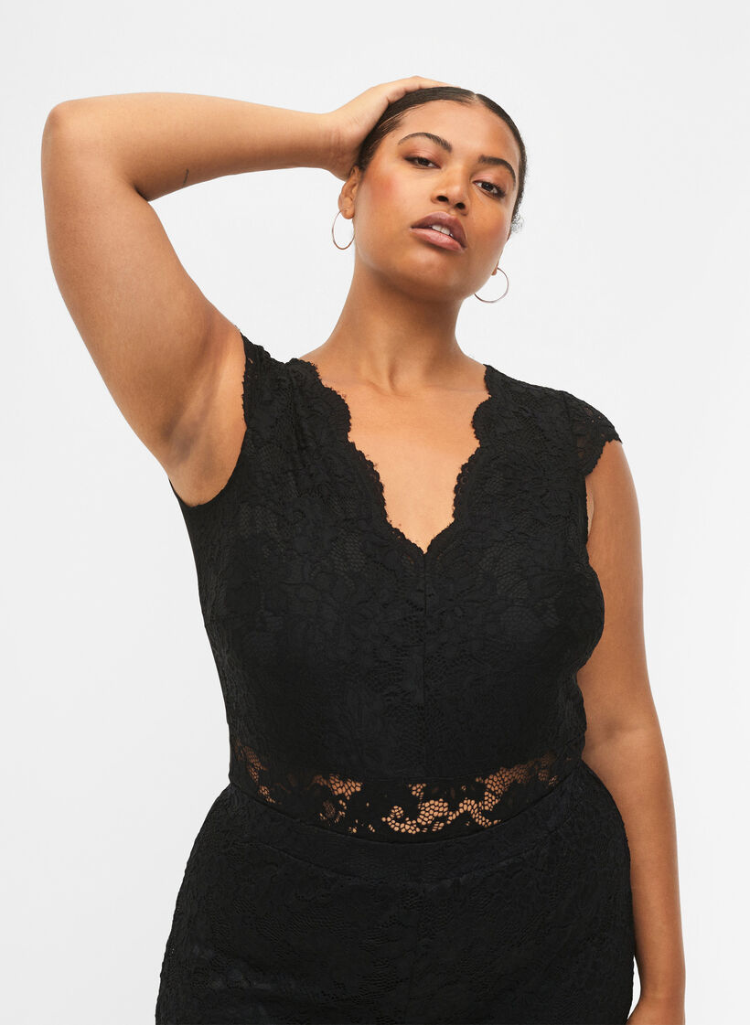 Bodystocking med blonder og v-udskæring, Black, Model image number 0