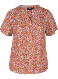 Printet bluse med korte ærmer, Orange Flower AOP