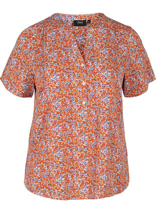 Printet bluse med korte ærmer, Orange Flower AOP, Packshot image number 0