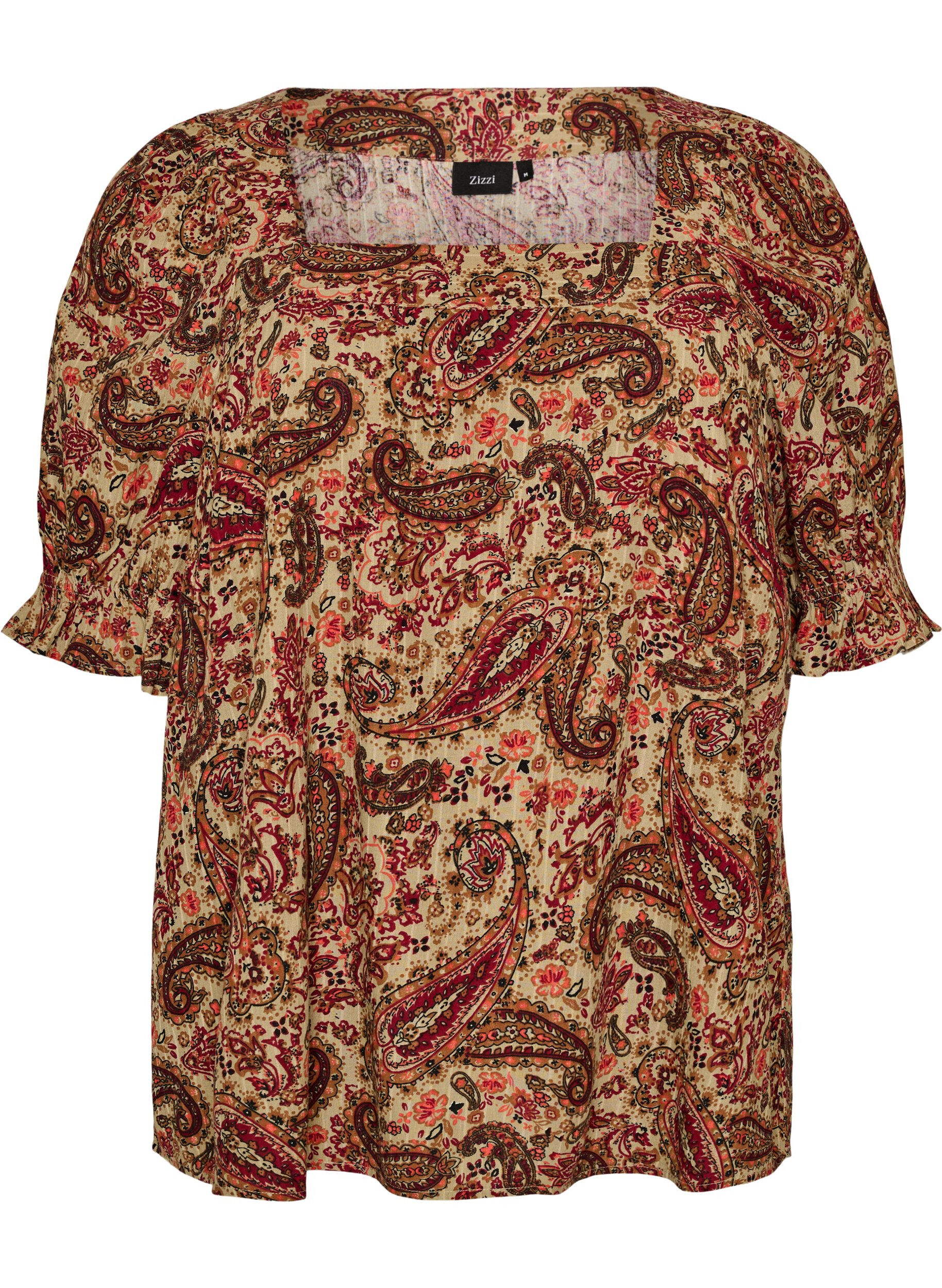 Viskosebluse med paisleyprint og firkantet udsk&aelig;ring
