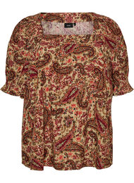 Viskosebluse med paisleyprint og firkantet udsk&aelig;ring, Brun