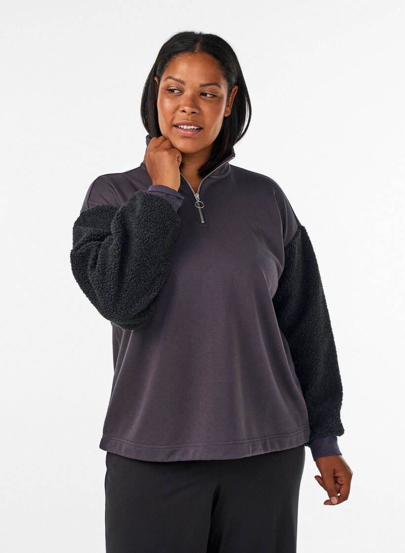 Sweatshirt med teddy&aelig;rmer og h&oslash;j hals, Gr&aring;, Model image number 0