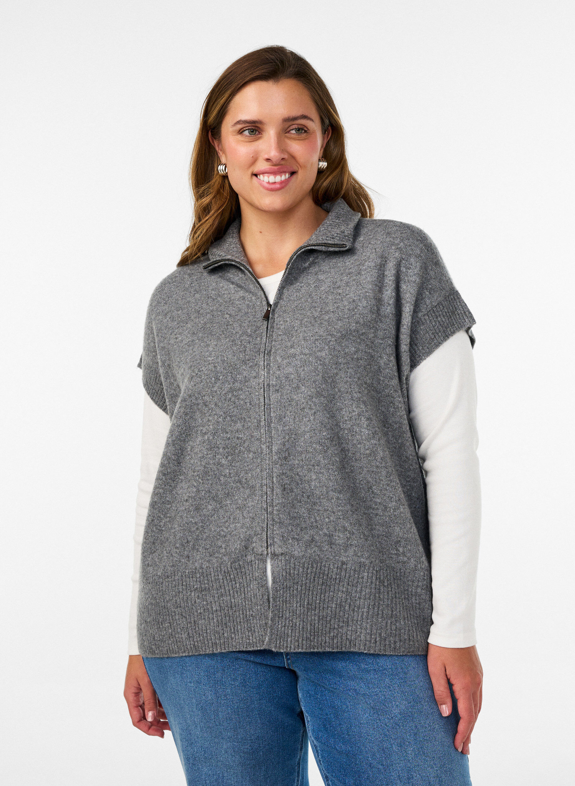 ZizziStrikvest med h&oslash;j krave og lynl&aring;s, Gr&aring;, Model image number 0