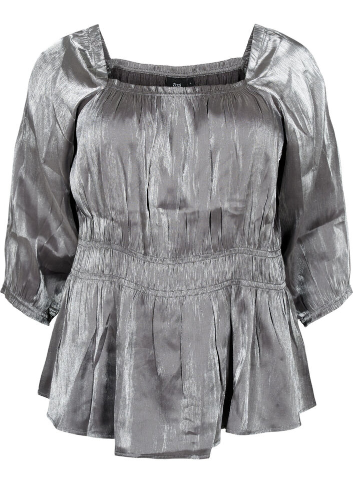 Sølvfarvet bluse med 3/4 ærmer og smock, Dark Silver, Packshot image number 0