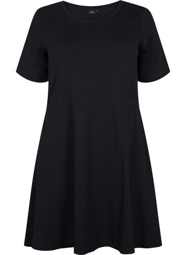 Ensfarvet bomuldskjole med korte ærmer, Black, Packshot image number 0